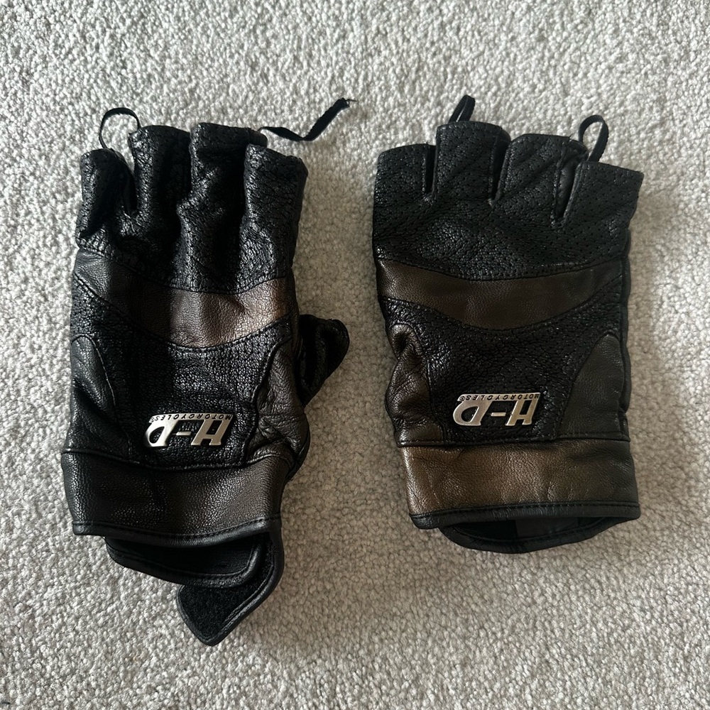 Harley Davidson Men’s Black Brown Leather Fingerless Motorcycle Gloves XL